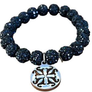 Rustic Cuff Navy Blue Emerson Pave Rhinestone Stretch Logo Bracelet